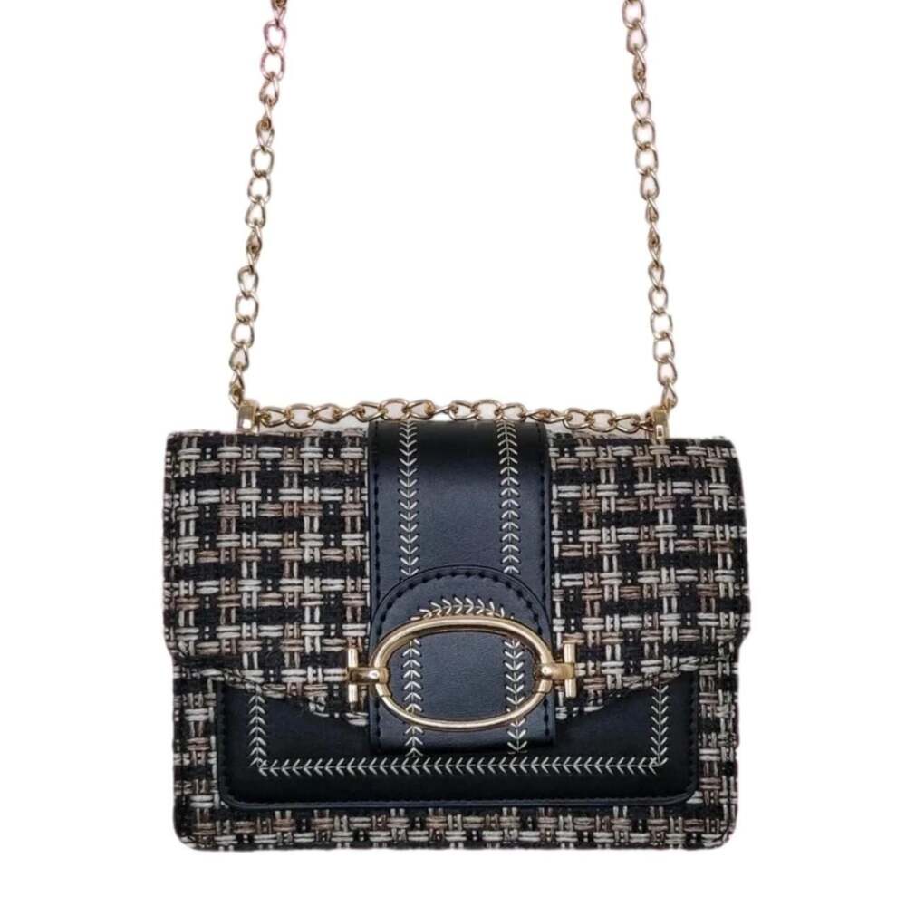 Retro Tweed Plaid Crossbody Bag with Gold Chain Strap